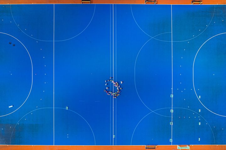 An overhead shot of a basketball court